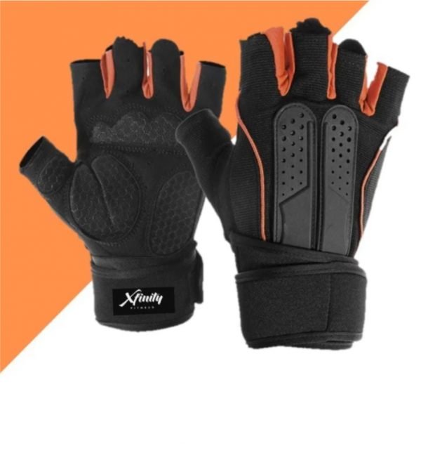 Xfinity fitness mens Gym Glovers with 12 inch wrist support and anti slip Gym & fitness Gloves (orang black)