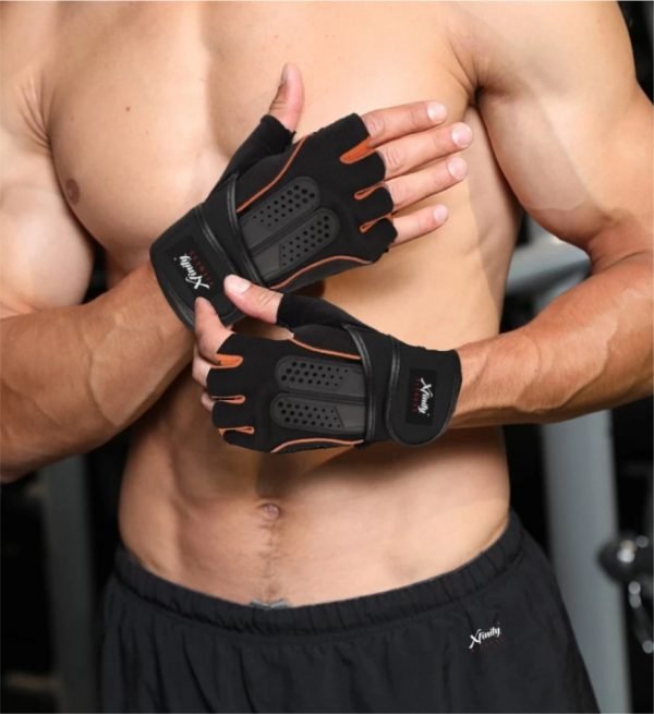 Xfinity fitness mens Gym Glovers with 12 inch wrist support and anti slip Gym & fitness Gloves (orang black) - Image 2